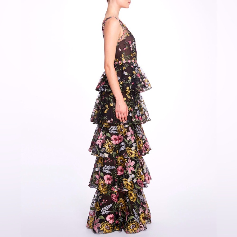 🔴 MARCHESA NOTTE,TIERED EMBROIDERED GOWN - Picture 5 of 13